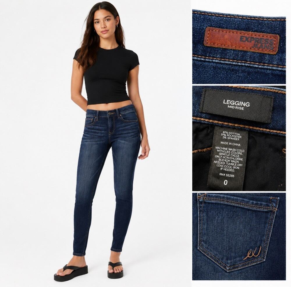 Express Jeans Women's Mid Rise Legging Skinny Jeans Size 0 Dark Wash Indigo